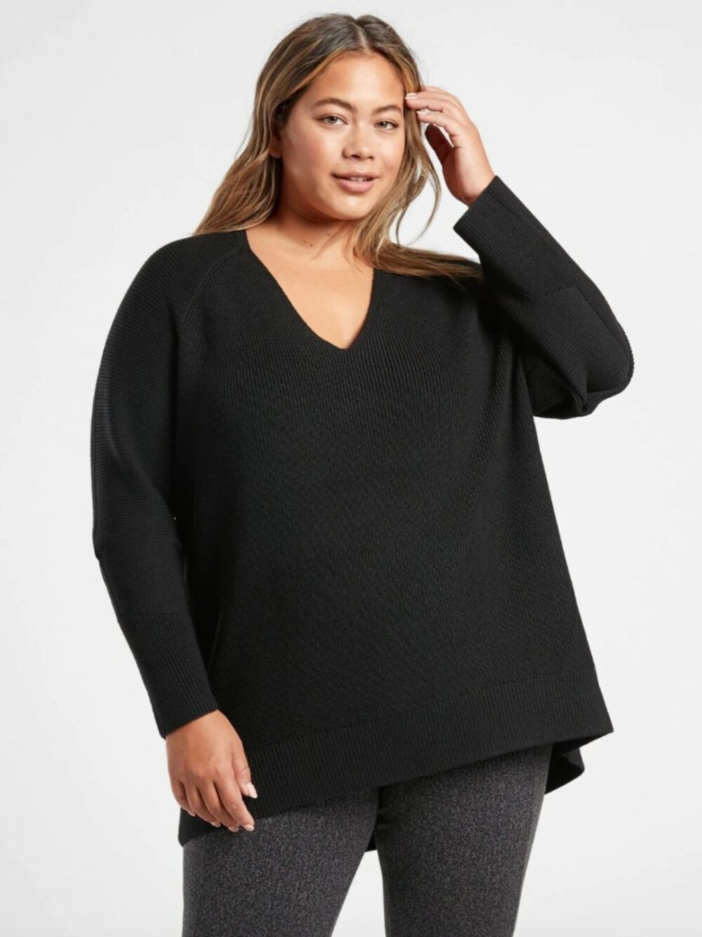 Athleta Hanover Merino V-Neck Sweater, Black SIZE 1X